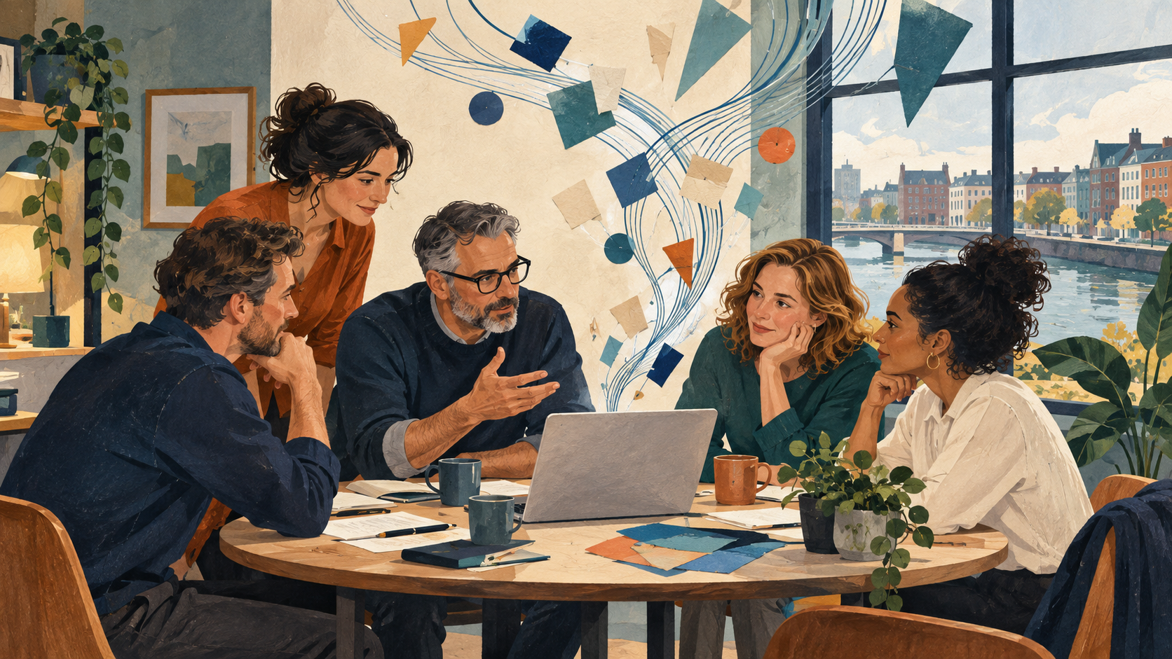 Shared laptop, human insight AI simple Irish business owners and colleagues learning about AI together around a laptop.